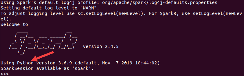 The terminal showing the screen when pyspark shell is launched.