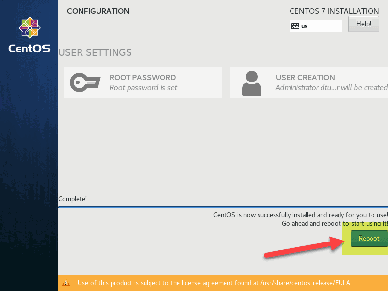 Reboot system after CentOS 7 installation.