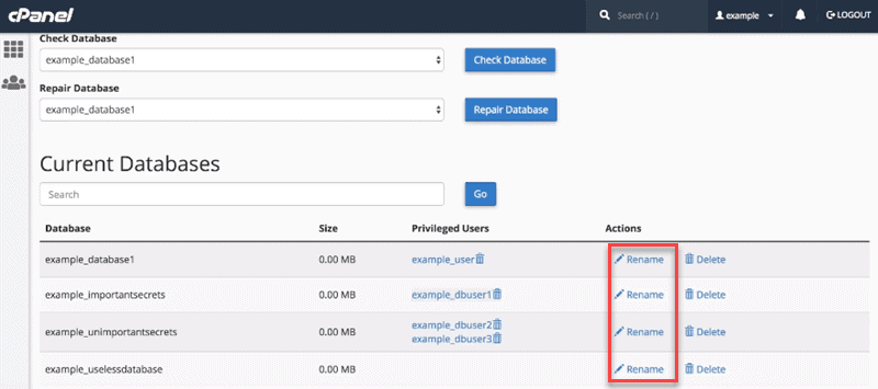 renaming a database in cPanel