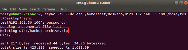 Terminal output when using --delete option with rsync.