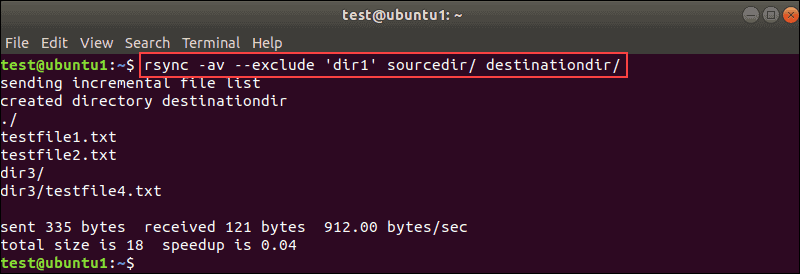 Terminal output for the rsync exclude directory command.