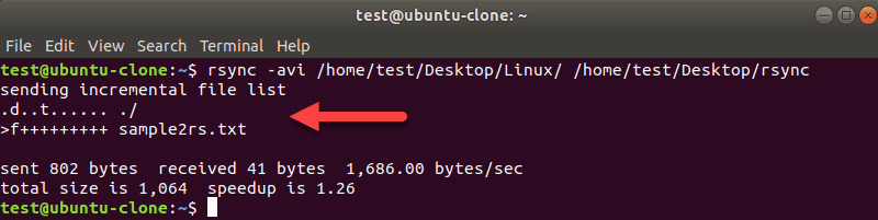 Terminal with the output for the -i rsync option.