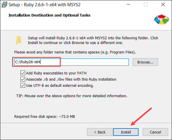 Set up destination of ruby installation