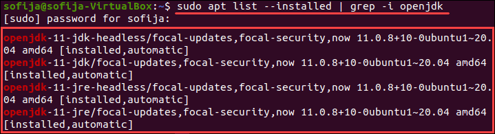 Search for Java in the Installed packages list on Ubuntu.