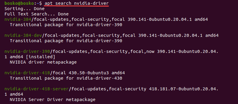 Search for available Nvidia drivers using the terminal in Ubuntu 20.04.