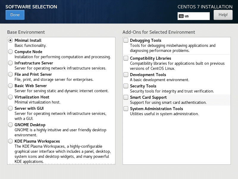 Select option for base installation of CentOS 7.