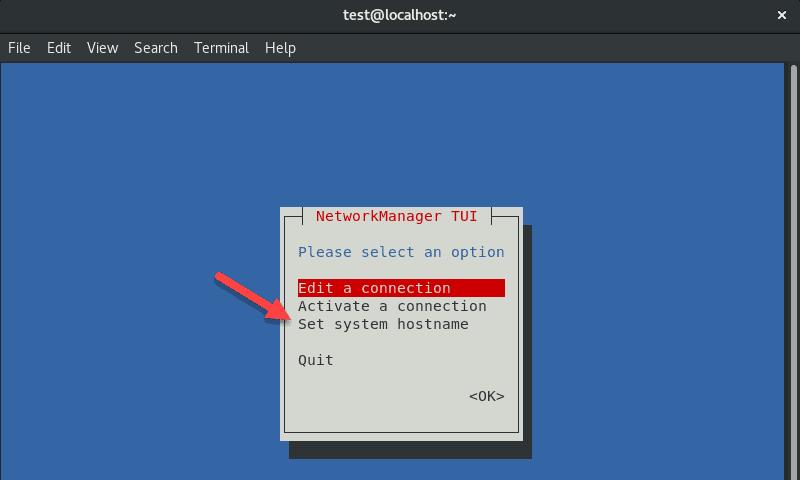 Using nmtui to set the hostname in CentOS 8