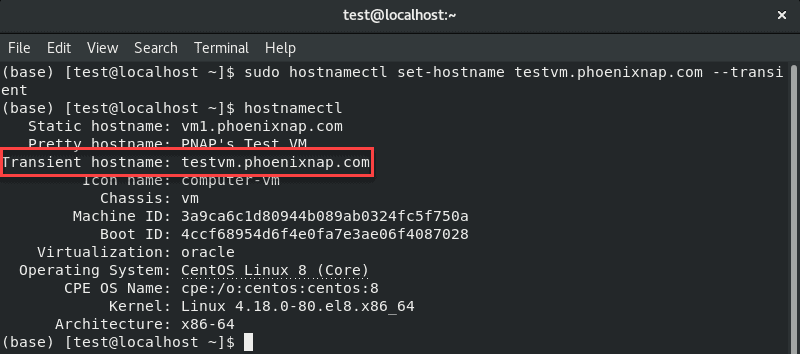 Using hostnamectl to set the transient hostname in CentOS 8
