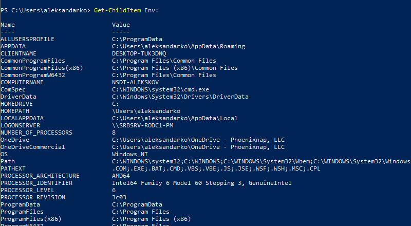 List all environment variables using Windows PowerShell