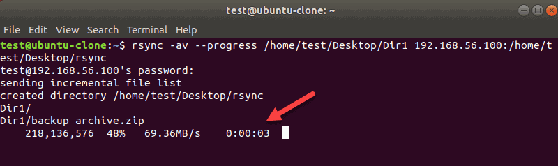 Terminal output when using the progress flag with rsync.