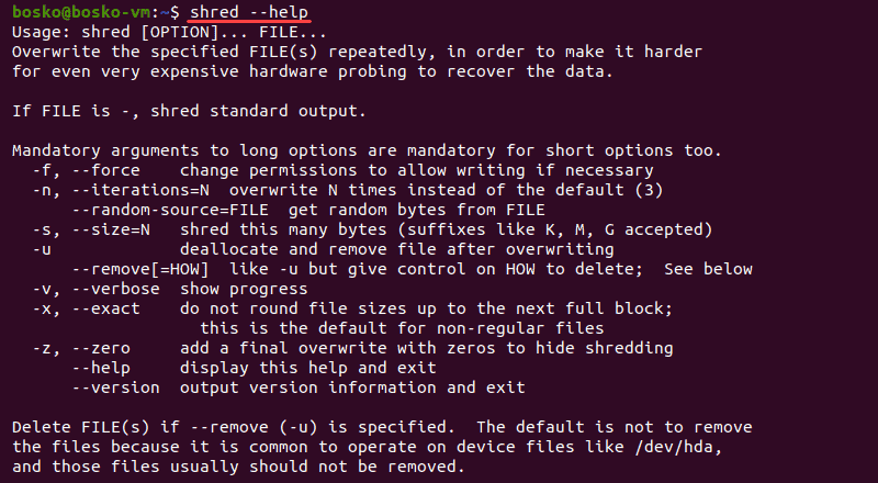 Shred command manual in Linux.