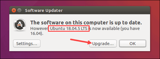 Software updater showing Ubuntu 18.04 is available.