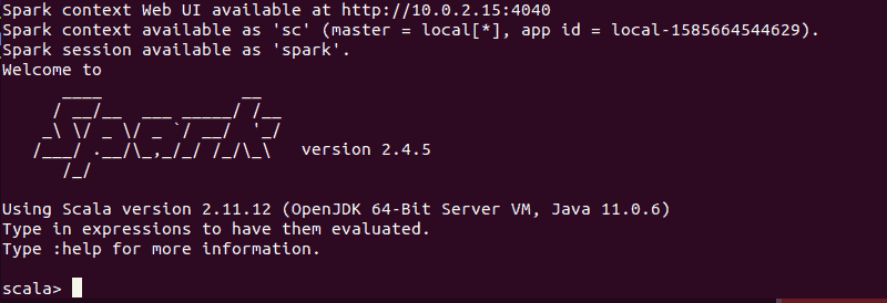 Terminal showing the screen when you launch a Spark shell on Ubuntu.