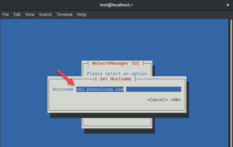 Entering the hostname in the nmtui tool in CentOS 8