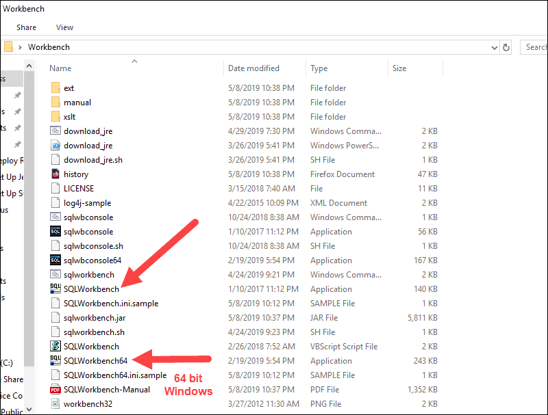 Location of executable SQL Workbench files in the unzipped folder.