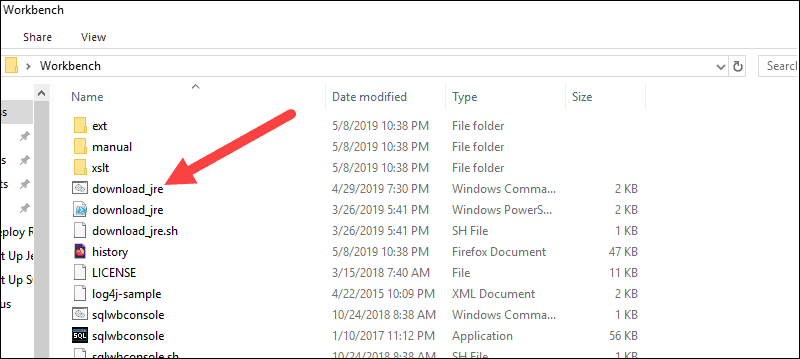 Location of the download jre script in the SQL Workbench folder.