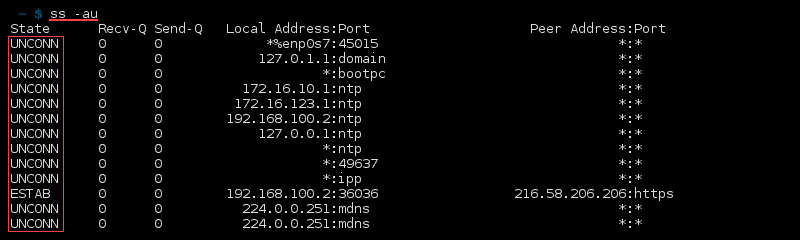 Terminal output of the command ss -au