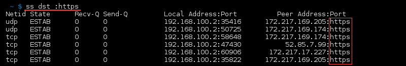 Terminal output of the command ss dst port name