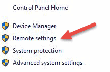 windows control panel remote settings link