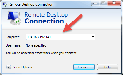 remote desktop connection in windows input ip