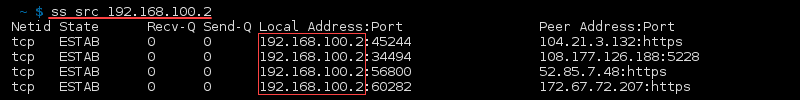 Terminal output of the command ss src address