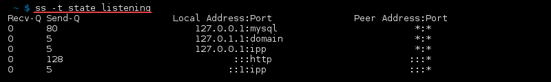 Terminal output of the command ss -t state listening