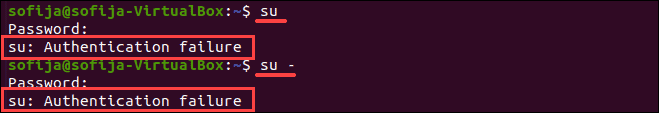 Authentication failure when trying to move to root user in Ubuntu.