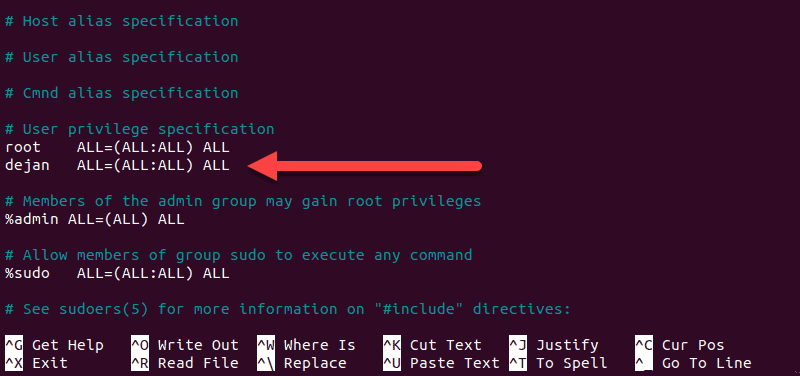 Image of the visudo configuration file in Linux.