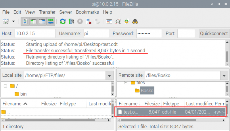 Transfer files to test FTP server on Raspberry Pi.