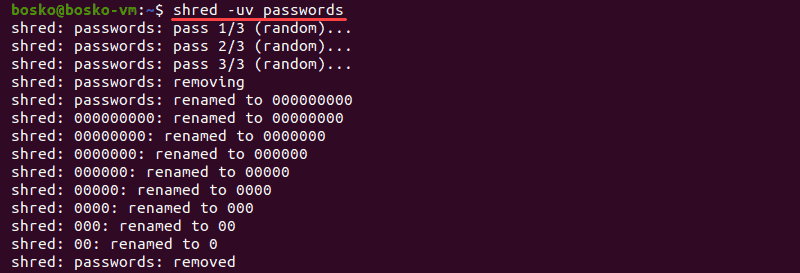 Overwriting and deleting a file using shred in Linux.