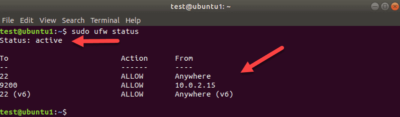 Showing the ufw status in the terminal using the ufw status command.