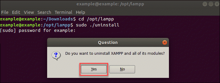 a dialogue box asking you whether you want to uninstall XAMPP 