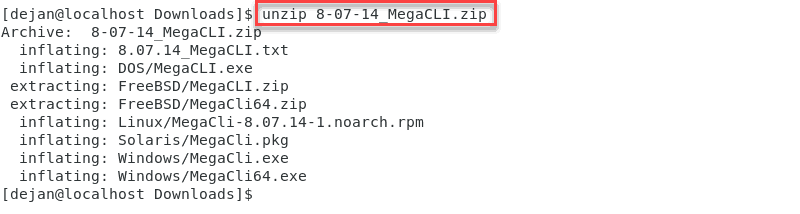 unzippinf the megacli install archive