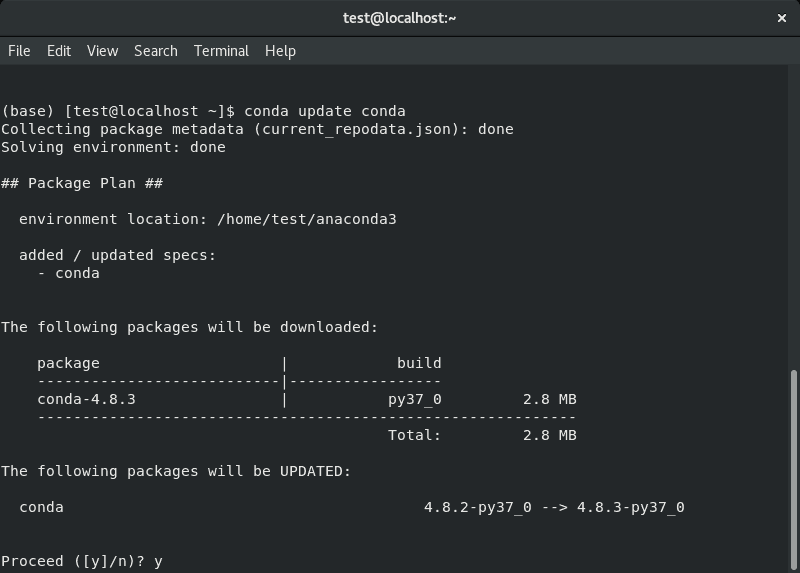 screenshot of updating anaconda in CentOS