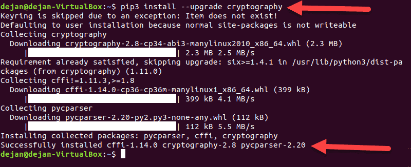 Updating a pip package in a terminal window in Ubuntu.
