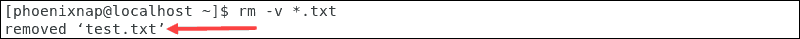Confirmation that the test.txt file has been removed.