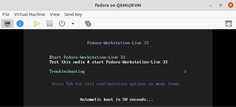 Virtual machine OS installation screen in virt manager on Ubuntu 20.04