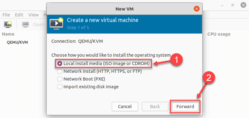 Selecting the option to install from an ISO file in virt manager on Ubuntu 20.04
