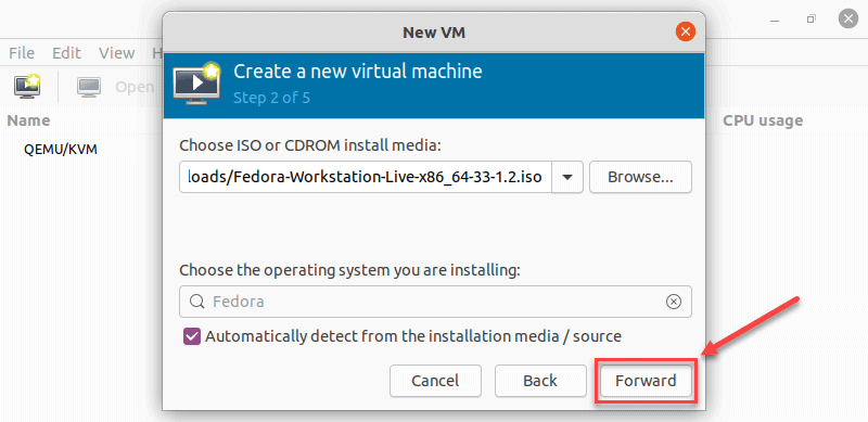 Confirming the ISO selection in virt manager on Ubuntu 20.04