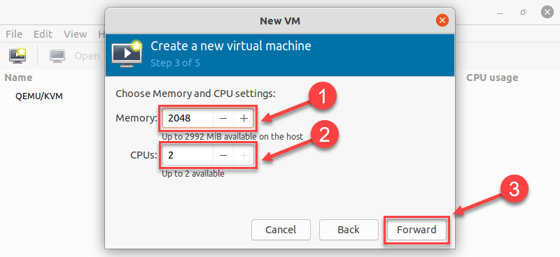 Allocating memory and CPUs in virt manager on Ubuntu 20.04