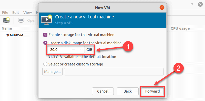 Creating a disk image in virt manager on Ubuntu 20.04