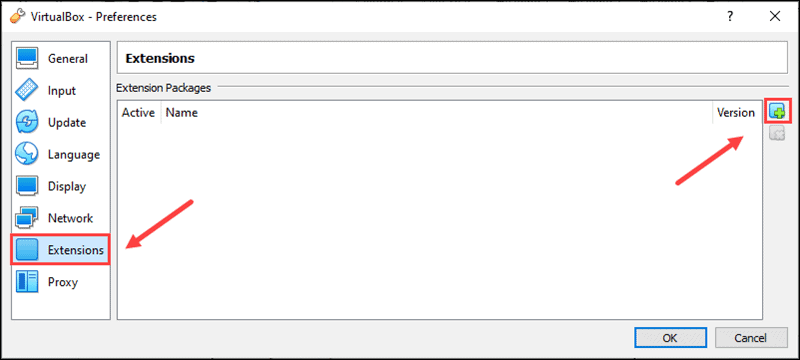 Installing VirtualBox Extension pack via GUI in the preferences section.