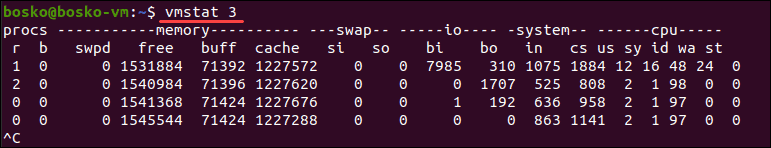 Add a delay value to the vmstat command in Linux.