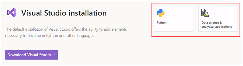 Visual Studio installation page with Pyton and Data Science options.