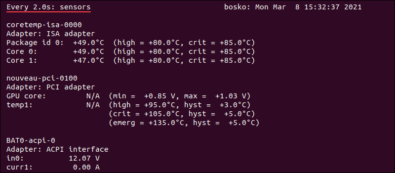 Real-time output in terminal showing CPU temperature on Ubuntu.