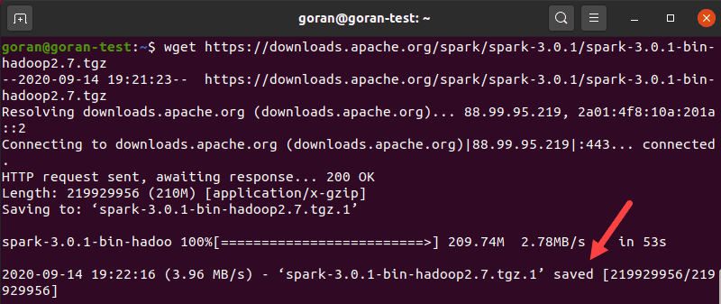 Output when saving Spark to your Ubuntu machine.