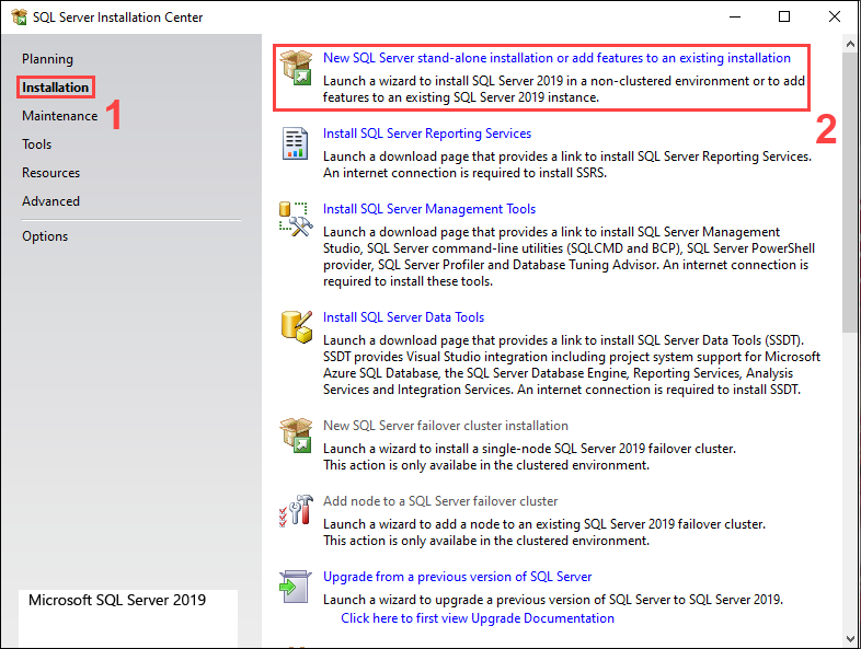 Launch the install wizard to start the SQL Server setup