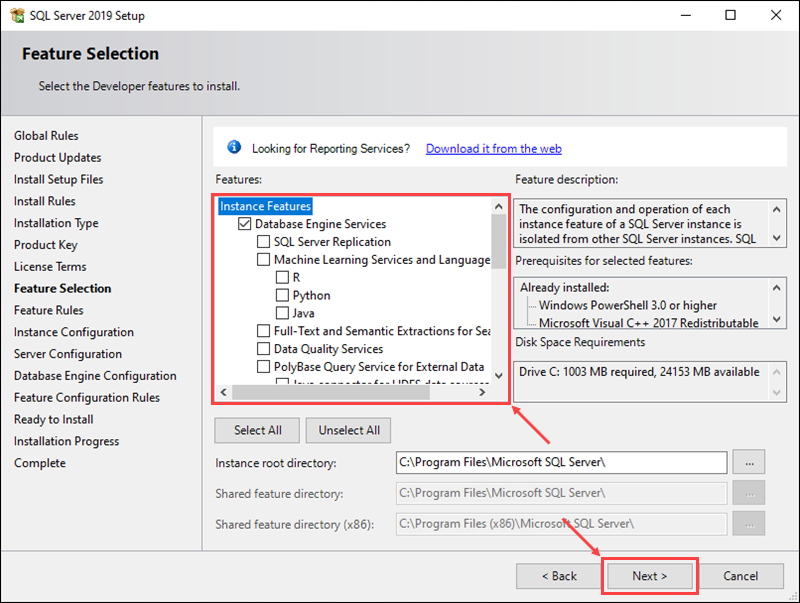 Select the software features you want to install