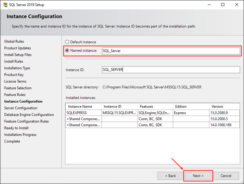 Enter a name for the new SQL server