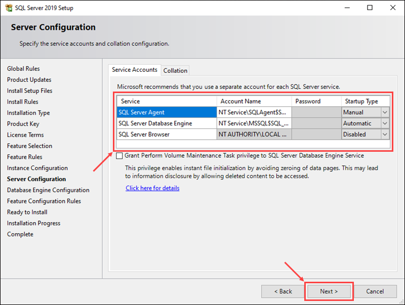 Set up the service accounts and collation configuration